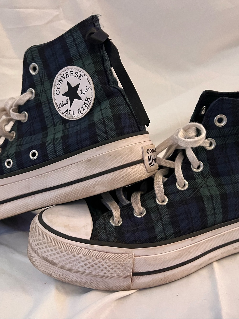 Converse All Star Platform High Top Plaid Sneakers - Blue & Green with bow